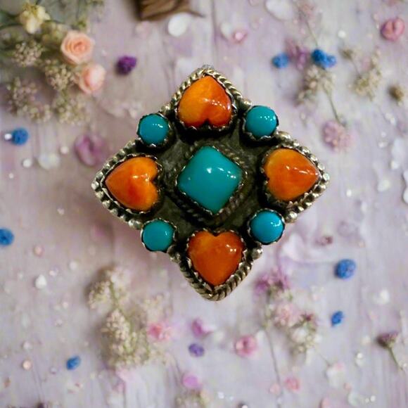 Turquoise & Spiny Oyster Southwestern Sterling Silver Ring Size 7 - Picture 2 of 6